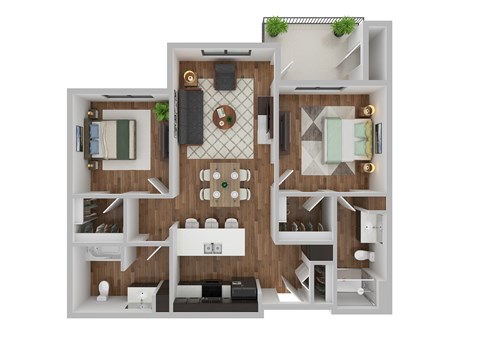 Floor plan for 2 beds, 2 baths, 950 sqft